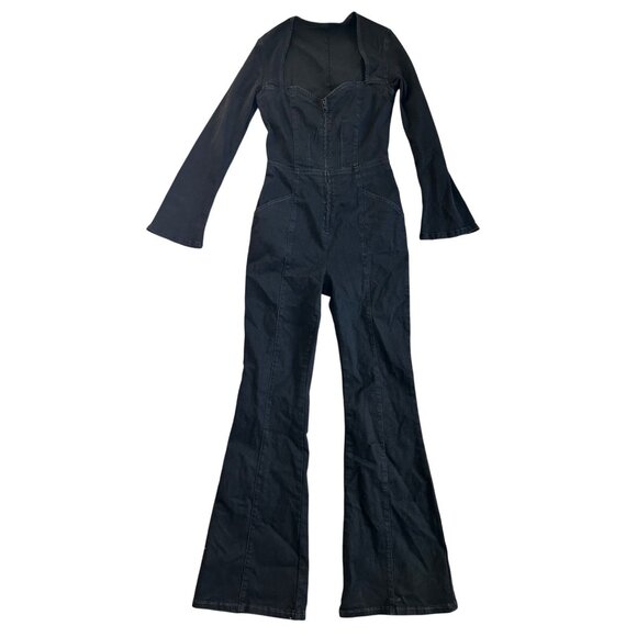 Free People Karly Jumpsuit Night Rider MD Long Sleeve Open Back Flare Leg Denim - Picture 14 of 14